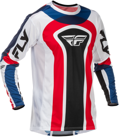 Fly Racing Youth Lite Se Glory Jersey in red, white, and blue, displayed on a mannequin, showcasing its vibrant motocross design.