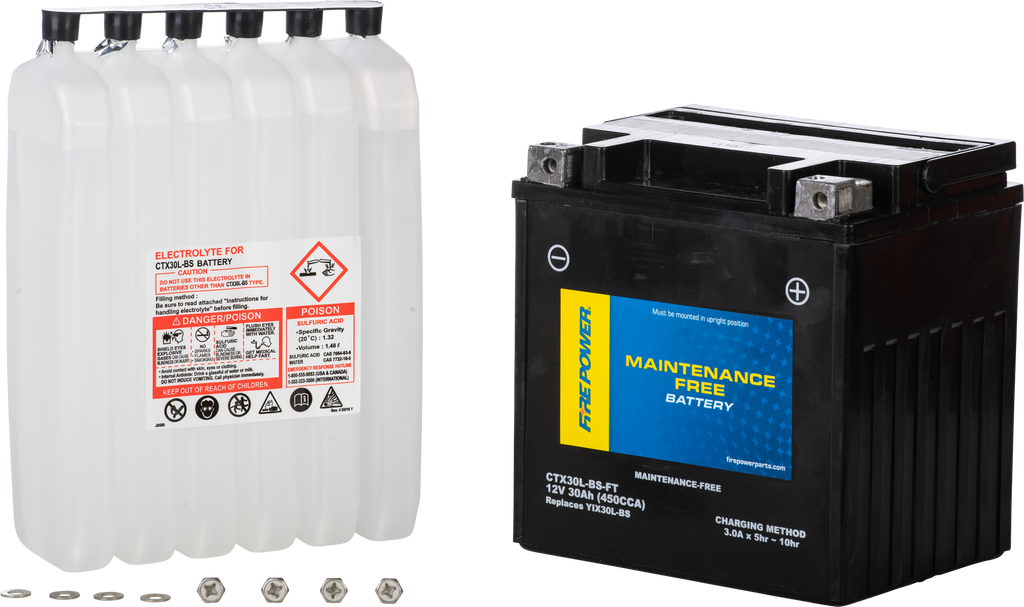 Fire Power Ctx30l-Bs-Ft maintenance-free battery, automotive 12V car battery with positive and negative terminals.
