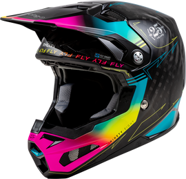 Fly Racing Youth Formula S Carbon Legacy helmet in black with electric blue and fuchsia yellow design, featuring aerodynamic vents.
