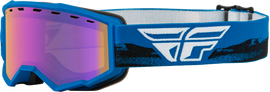 Fly Racing Youth Focus Snow Goggle with blue mirror and amber lens, featuring blue and black frame and adjustable strap.