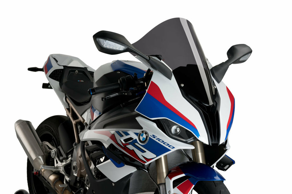 PUIG R-Racer dark smoke windshield for BMW motorcycle, close-up view showing sleek tinted windscreen design.
