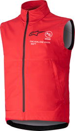 Alpine Star Techstar bright red softshell vest displayed, front view showing zipper and collar detail in size medium