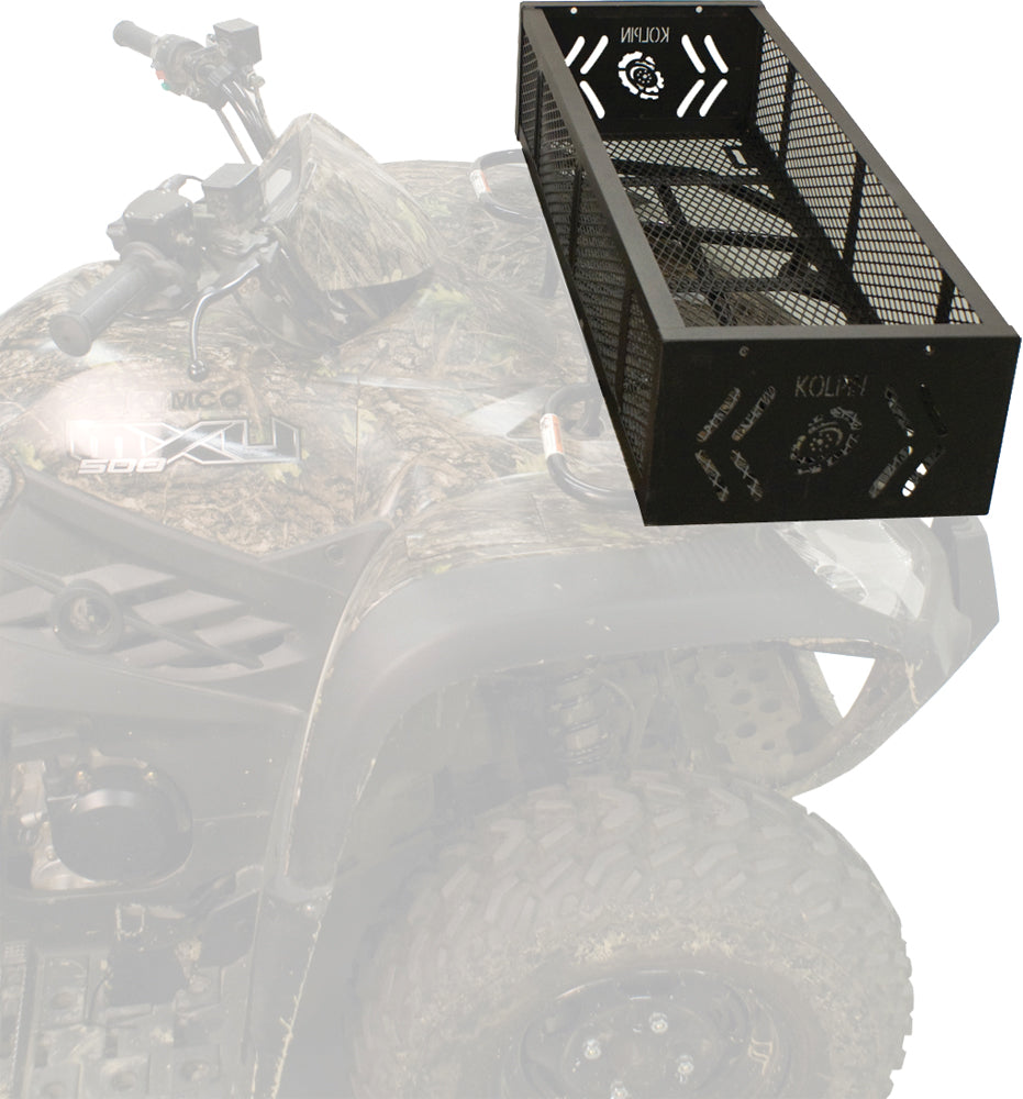 Kolpin front gear basket mounted on ATV with black metal frame and mesh storage area for gear and accessories.
