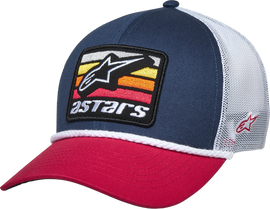 Alpine Star Selica Trucker Hat in navy, red, and white with adjustable snapback and mesh back for breathable headgear.
