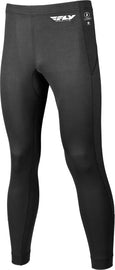 Fly Racing lightweight base layer pants in size Small, shown in black with elastic waistband and sleek, snug fit for motorcycle riding.