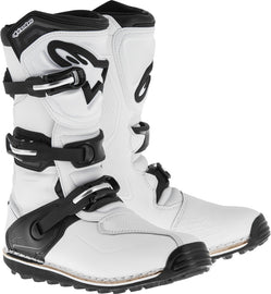 Alpine Star Tech-T motorcycle boots in white and black, size 6, showing sturdy design and secure closure.