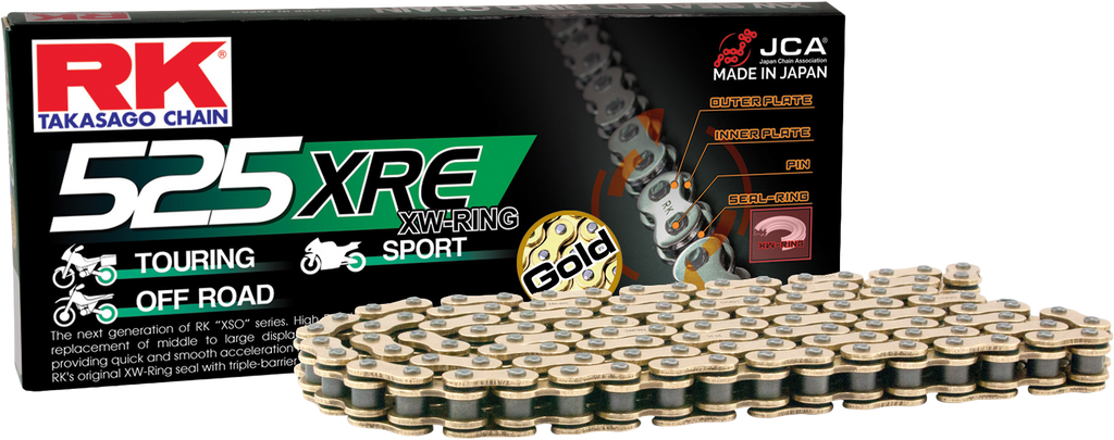 Gold Excel Wheel Components Gb525xre Drive Chain 525 X 135 with links and sprocket for motorcycle or bicycle drive system.