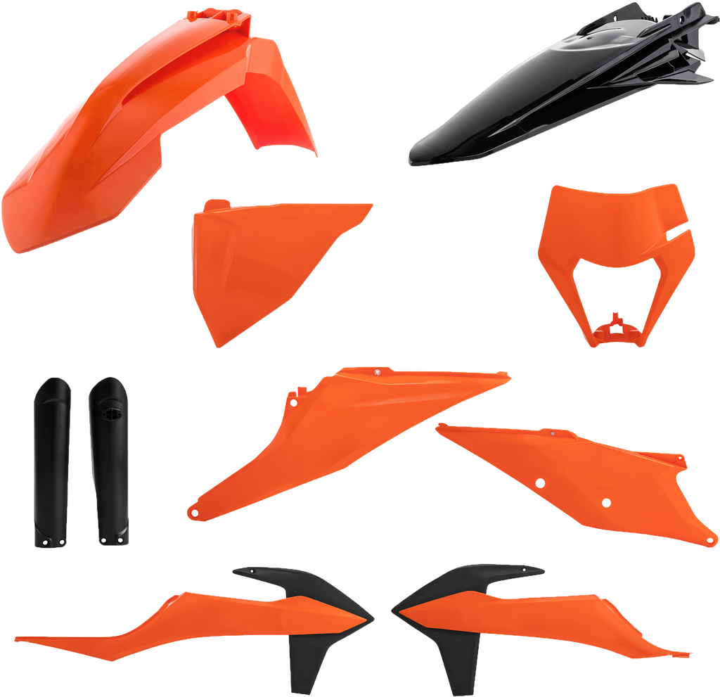 Acerbis full plastic body kit for KTM 2022 motorcycle, includes front and side panels in bright orange with black accents.