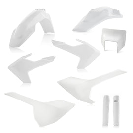 Acerbis full plastic kit in white with multiple panels and mounting points for motorcycle bodywork replacement.