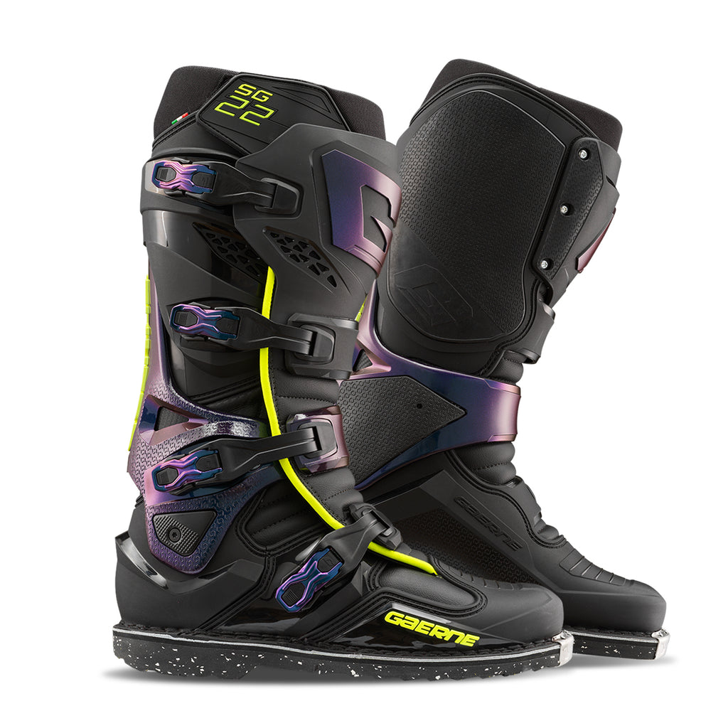 Gaerne SG22 motorcycle boots in Chameleon color, size 8, featuring sturdy leather construction and secure lacing.