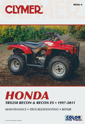 Clymer repair manual for Honda TRX250 Recon ATV, showing detailed pages and diagrams for vehicle maintenance and repair.