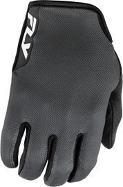 Fly Racing mesh gloves in grey and black, large size, showing breathable fabric and secure wrist closures.