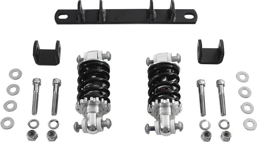 HARDDRIVE Solo Seat Complete Kit with dual 5-inch shocks, featuring black seat pad and mounting hardware for motorcycle.