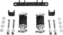 Load image into Gallery viewer, HARDDRIVE Solo Seat Complete Kit with dual 5-inch shocks, featuring black seat pad and mounting hardware for motorcycle.