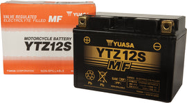 Yuasa YTZ12S sealed motorcycle battery with factory activation, showing terminals and compact design.