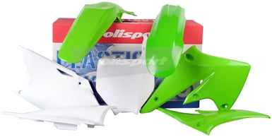 Polisport Plastics green plastic body kit for motorcycle, part number 64-90091, showcasing the assembled body panels.
