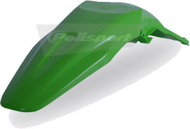 Green Polisport Plastics rear fender for street bikes, model 64-6283, shown on a motorcycle with detailed close-up view.