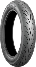 Bridgestone Battlax SC rear motorcycle tire 130/70-12 56L bias tire on a wheel, suitable for sport or street riding.