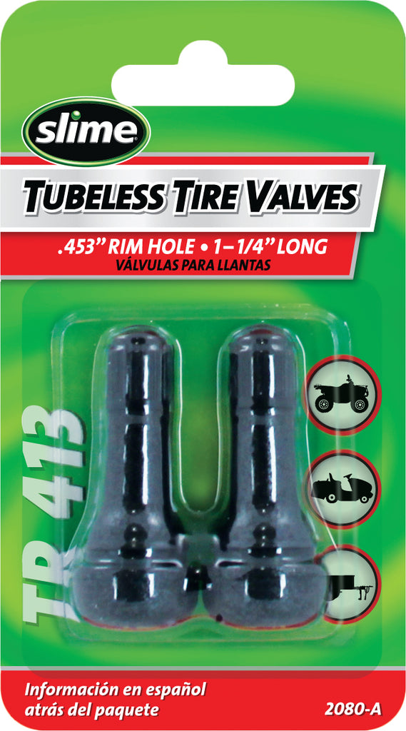 Slime 2-piece tubeless valve stems for tires and wheels, 1 inch long, with black rubber and metal construction.