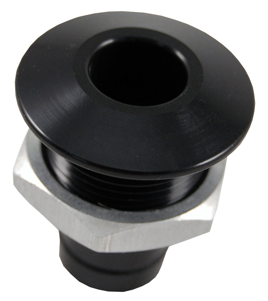 Blowsion Billet Thru-Hull Water Fitting for bilge pump outlet, black body, durable marine-grade construction.