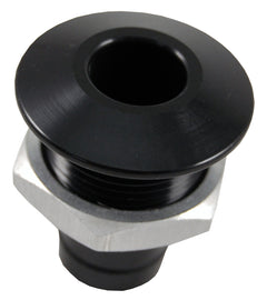 Blowsion Billet Thru-Hull Water Fitting for bilge pump outlet, black body, durable marine-grade construction.