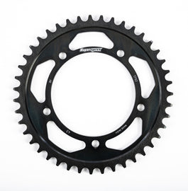 Steel 43-tooth rear edge sprocket for Suzuki GSX-R750 by Supersprox, black finish, compatible with 525 chain models.