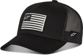 Alpine Star black and black Flag Flat Trucker Hat with adjustable snapback and embroidered logo on front.