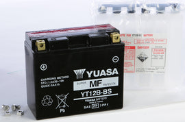 Yuasa YT12B-BS maintenance-free motorcycle battery, 12V, 8Ah, with durable case and terminal connections.