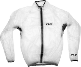 Fly Racing Fly Rain Jacket in clear, medium size, shown with waterproof fabric and adjustable hood for riding in wet weather.