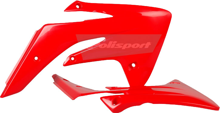Polisport Plastics red radiator shroud body for off-road motorcycle, model 64-4273, with visible mounting points and sleek design.