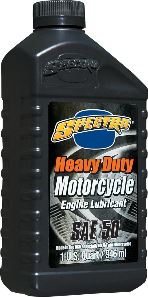 Spectro Premium M/C Petroleum HD Oil 50W in 1-quart container, ideal for motorcycle engine lubrication and maintenance.
