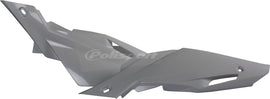 Polisport Plastics white side number plate for motorbikes, showing the body panel with mounting holes and branding details.