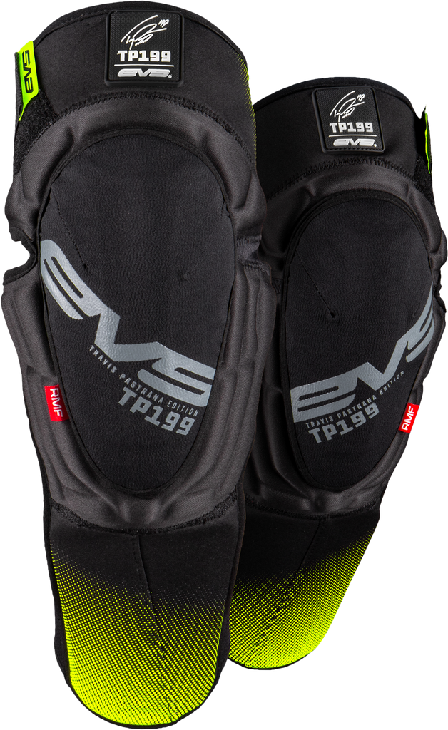 EVS TP199 knee and shin guard in black and hi-vis colors, large/X-large size, protective safety gear.