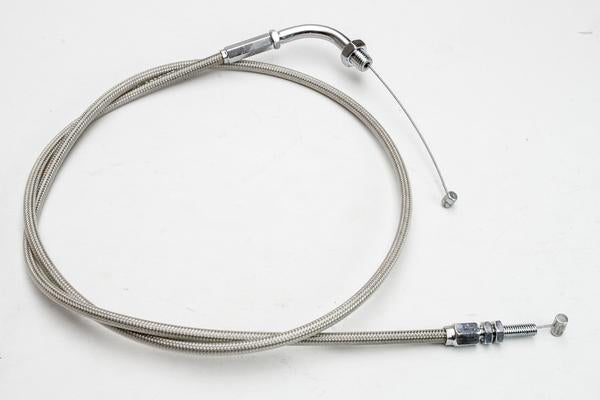 Motion Pro Armor Coat throttle pull cable for motorcycles, showing the braided steel exterior and connection ends.