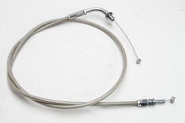 Motion Pro Armor Coat throttle pull cable for motorcycles, showing the braided steel exterior and connection ends.