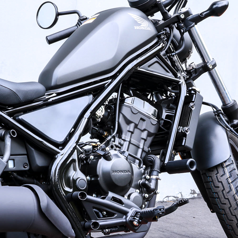 Shogun Industries black frame no cut sliders for body, featuring a sleek design and adjustable fit for motorcycle riding.