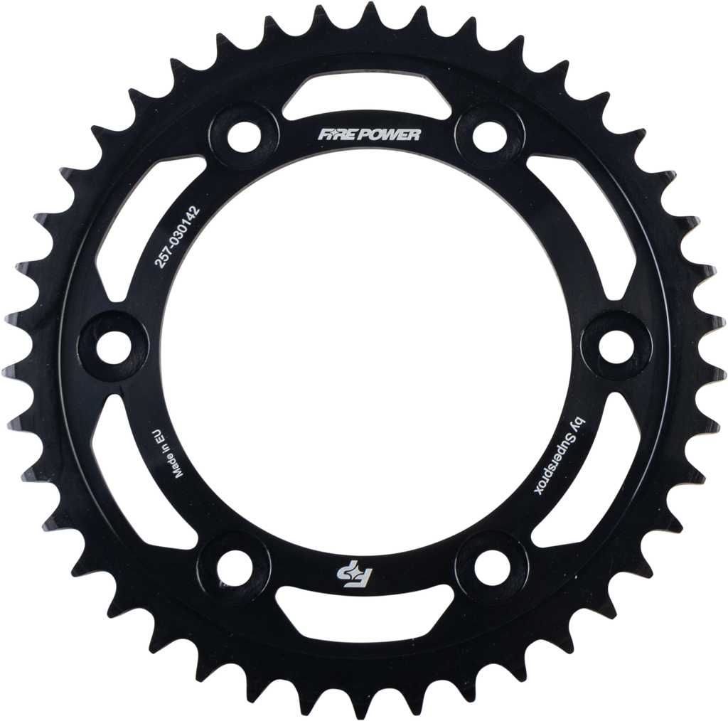 Fire Power steel 42-tooth rear sprocket for Honda CRF250 motorcycle, black finish with gear teeth visible.