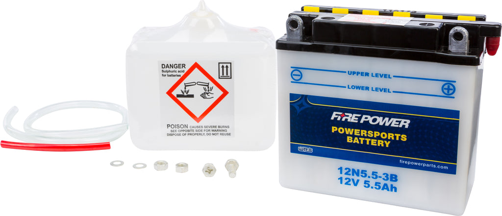 Fire Power 12V 5.5Ah lead-acid battery with model 12n5.5-3b, shown with terminals and label markings.