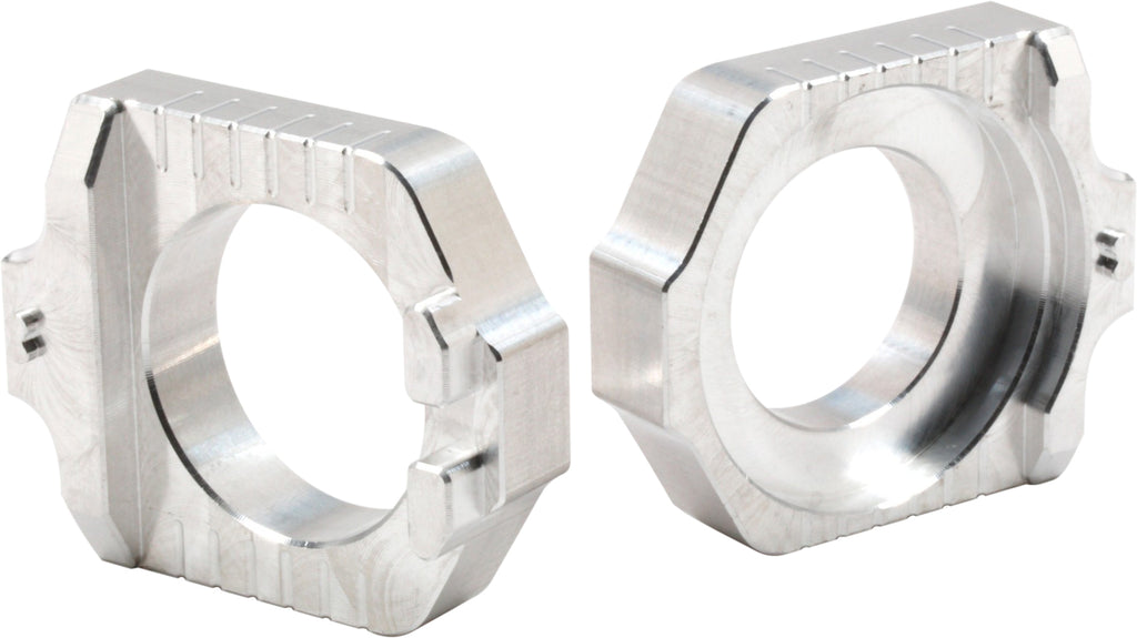 Silver WORKS Axle Blocks Elite KTM/Hus drive block for motorcycle wheel stabilization, shown in black and silver finish.