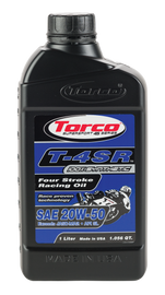 Torco T-4sr Racing Oil 4T 20W50 bottle, 1-liter container for motorcycle engine lubrication, with product label visible.