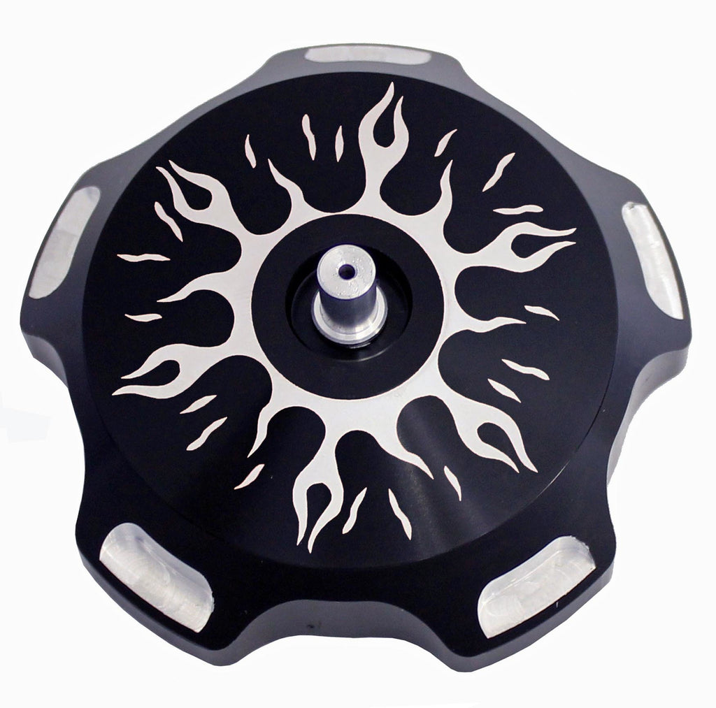 Black flames ModQuad billet gas cap for ATVs and UTVs, featuring a durable metal construction and detailed flame design.
