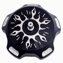 Load image into Gallery viewer, Black flames ModQuad billet gas cap for ATVs and UTVs, featuring a durable metal construction and detailed flame design.