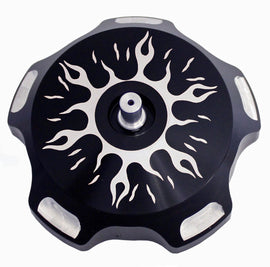 Black flames ModQuad billet gas cap for ATVs and UTVs, featuring a durable metal construction and detailed flame design.