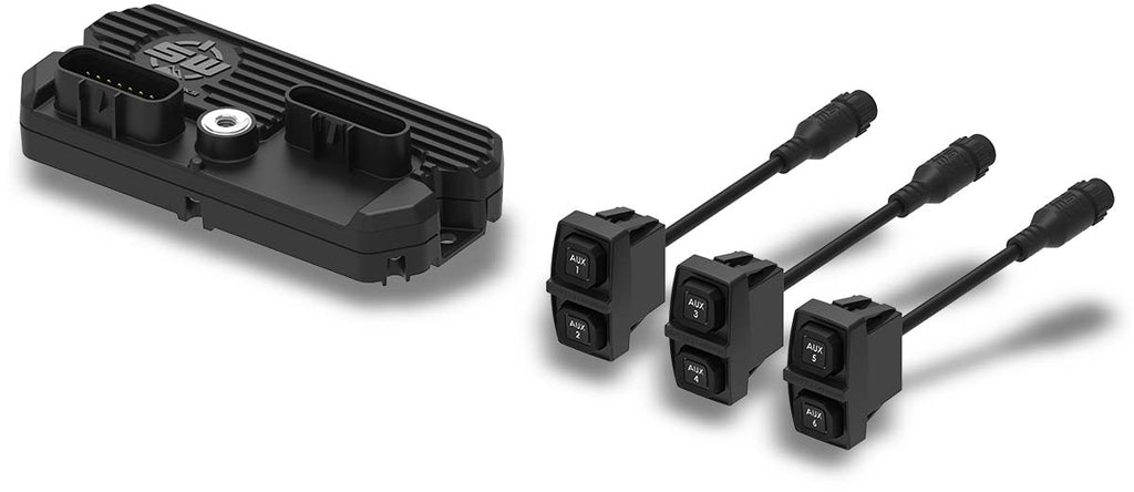 SSV Works Switchworks 6-button rocker switch panel for audio and communication systems, featuring a sleek black design and labeled buttons.