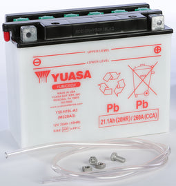 Yuasa Y50-N18l-A3 conventional 12V car battery showing terminals and label for automotive use.