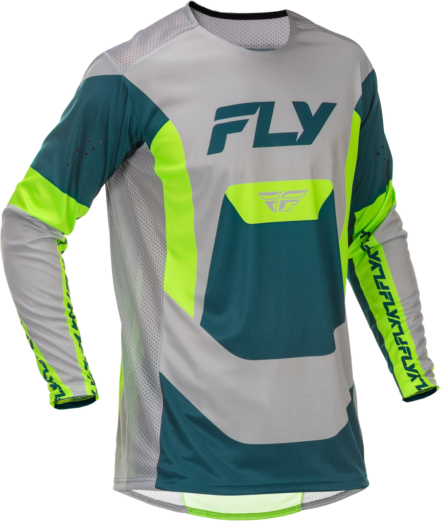 Fly Racing Lite jersey in grey, lime, and teal with bold graphics, shown in XL size, lightweight motocross riding apparel