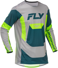 Load image into Gallery viewer, Fly Racing Lite jersey in grey, lime, and teal with bold graphics, shown in XL size, lightweight motocross riding apparel