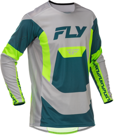 Fly Racing Lite jersey in grey, lime, and teal with bold graphics, shown in XL size, lightweight motocross riding apparel