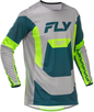 Fly Racing Lite jersey in grey, lime, and teal with bold graphics, shown in XL size, lightweight motocross riding apparel