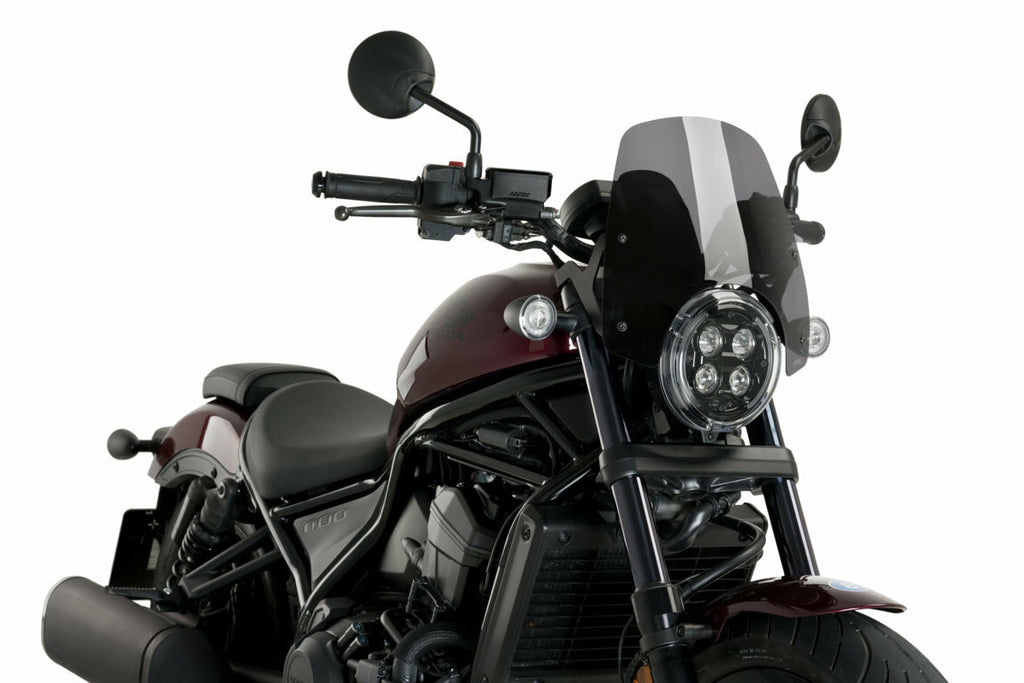 PUIG Nng Sport dark smoke motorcycle windshield, aerodynamic windscreen for enhanced riding comfort and style.